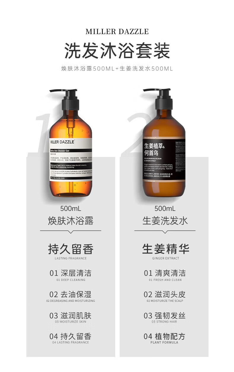 MILLERDAZZLE洗發沐浴套裝包括煥膚沐浴露500ML和生姜洗發水500ML，采用生姜植萃和何首烏成分。產品具有持久留香的生姜精華，深層清潔和去油保濕功效，讓肌膚保持滋潤，同時清爽清潔頭皮，滋潤頭皮，強韌發絲。整個套裝體現了MLLERDAZZLE品牌對健康和自然美的追求。
